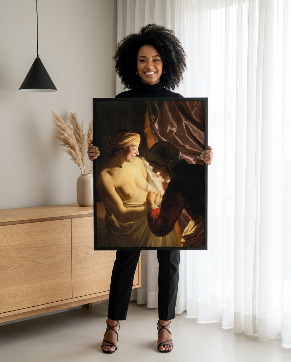 Quadro Decorativo A Velha e a Jovem - Gerard van Honthorst | modelo apresentando o quadro emoldurado
