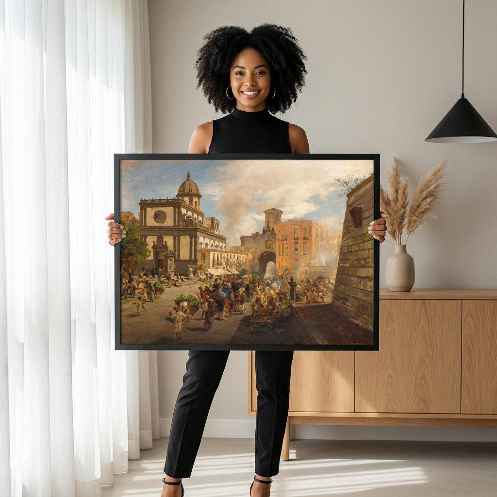 Quadro Decorativo Mercado Vibrante em Nápoles - Oswald Achenbach | modelo apresentando o quadro emoldurado