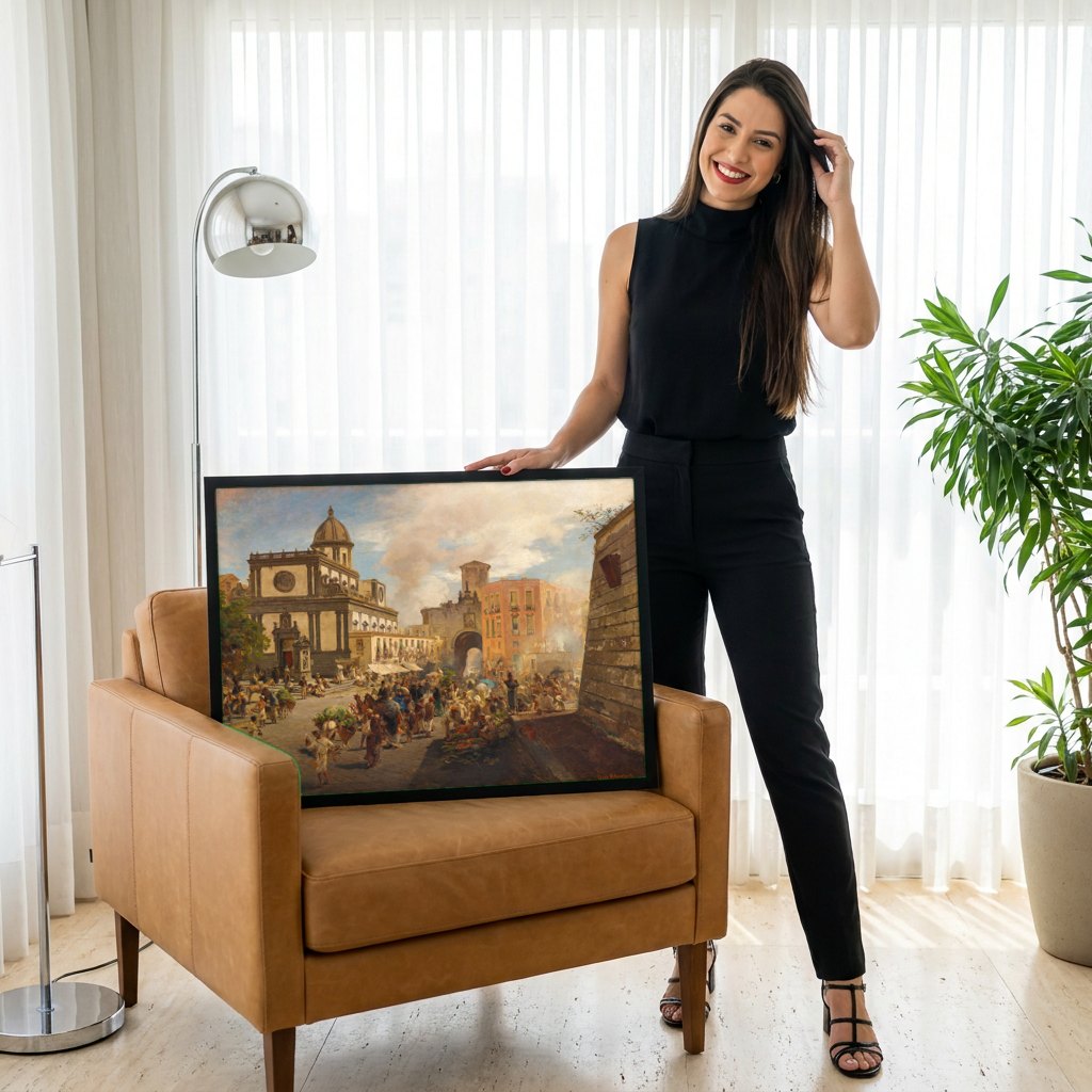 Quadro Decorativo Mercado Vibrante em Nápoles - Oswald Achenbach | modelo apresentando o quadro emoldurado