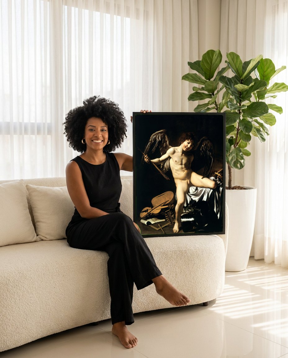 Quadro Decorativo 'Amor Vincit Omnia' - Caravaggio | modelo apresentando o quadro emoldurado