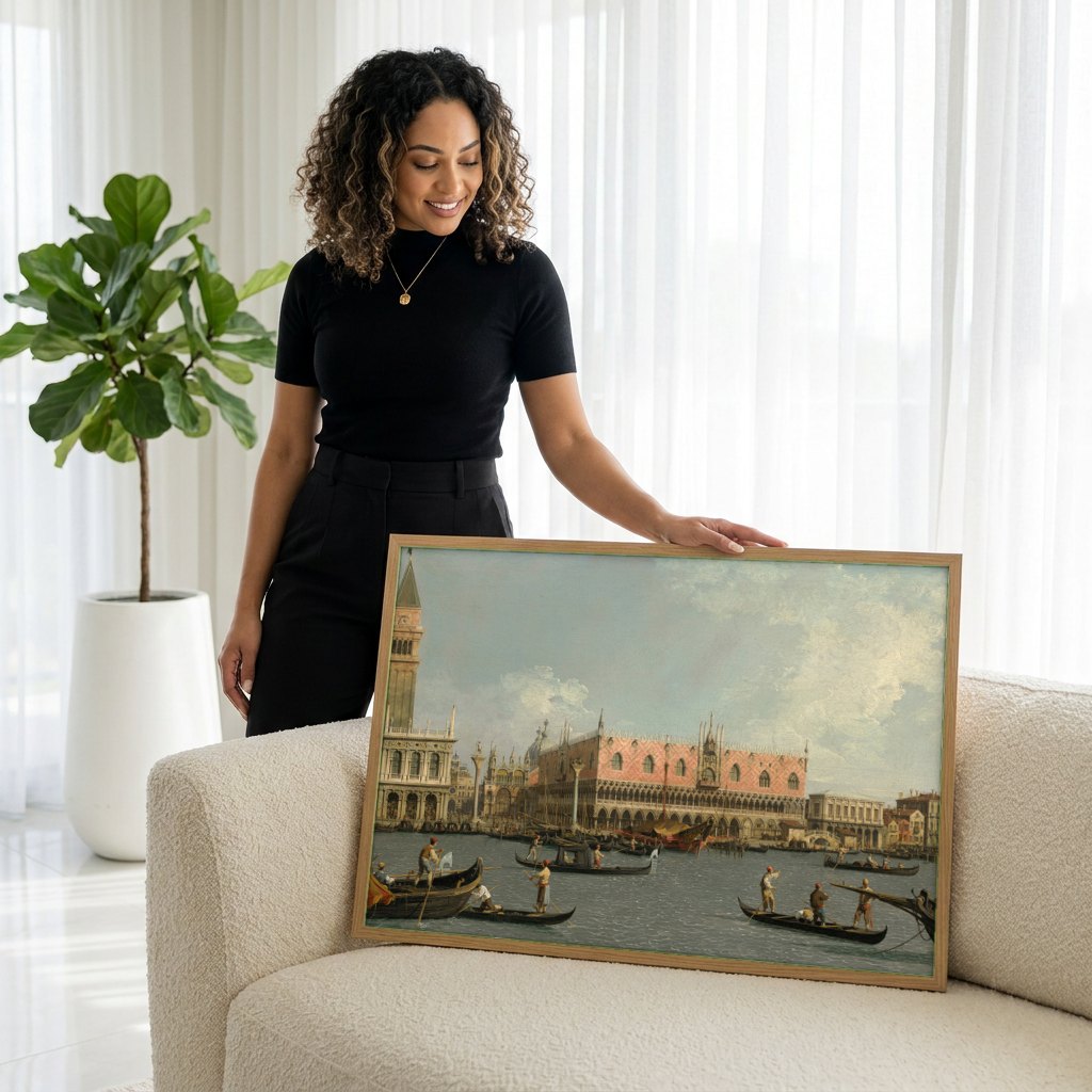Quadro Decorativo 'Bacino di San Marco' - Canaletto | modelo apresentando o quadro emoldurado