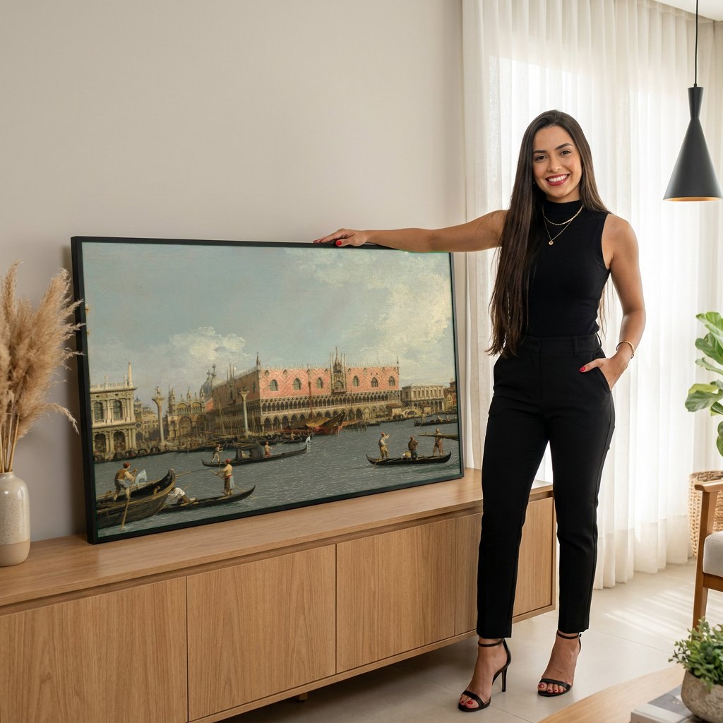 Quadro Decorativo 'Bacino di San Marco' - Canaletto | modelo apresentando o quadro emoldurado