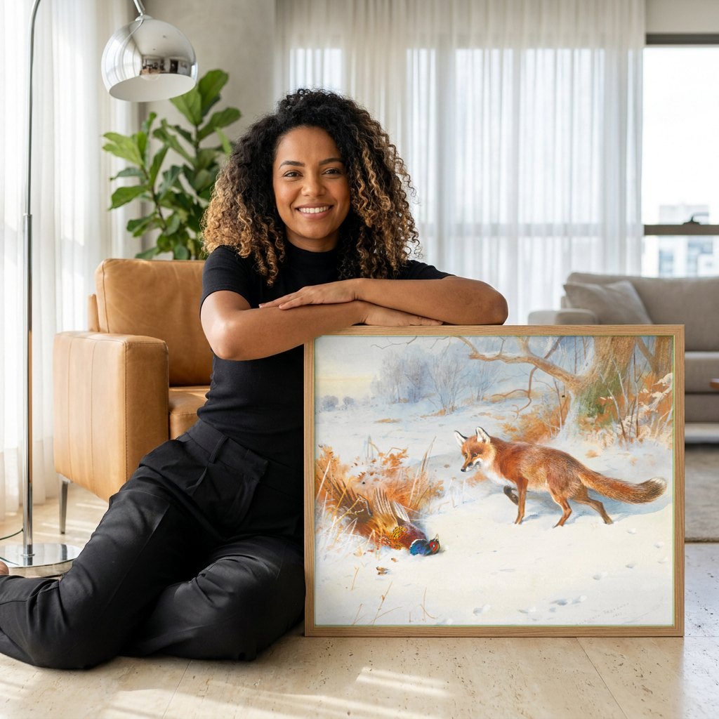Quadro Decorativo A Raposa e o Faisão na Neve - Archibald Thorburn | modelo apresentando o quadro emoldurado