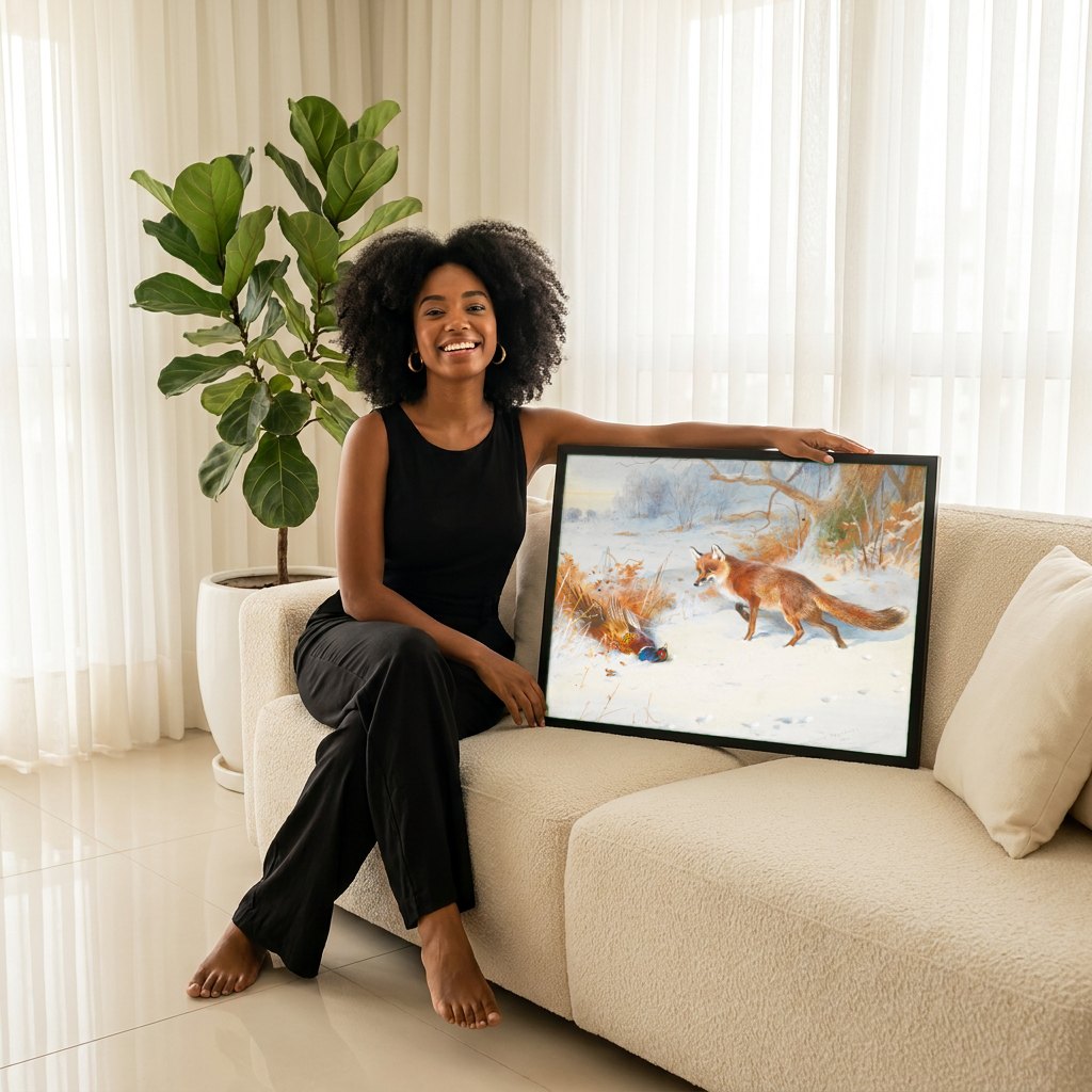 Quadro Decorativo A Raposa e o Faisão na Neve - Archibald Thorburn | modelo apresentando o quadro emoldurado