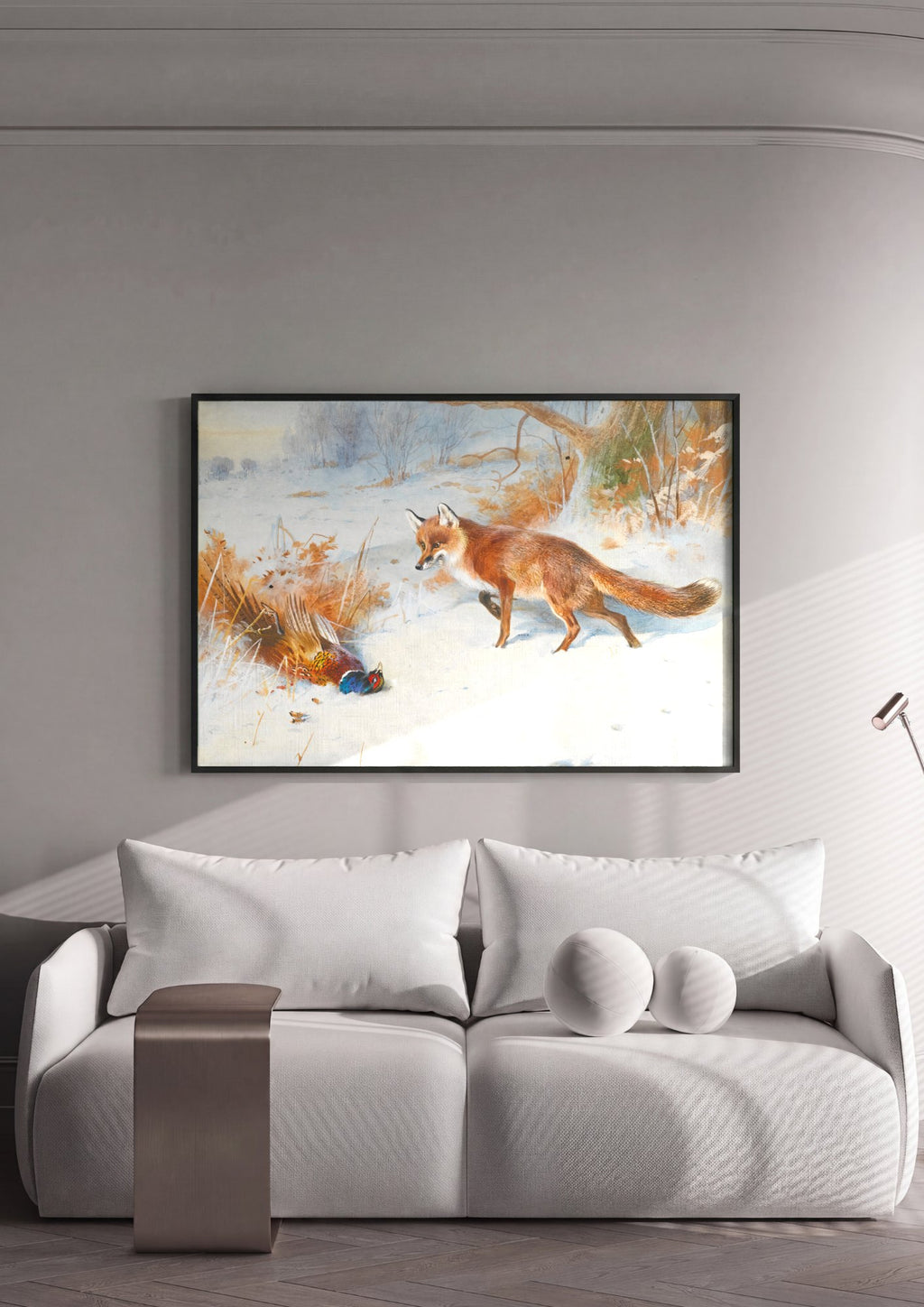 Quadro Decorativo A Raposa e o Faisão na Neve - Archibald Thorburn | quadro emoldurado na parede
