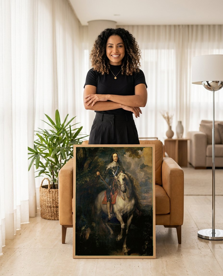 Quadro Decorativo Retrato Equestre de Carlos I - Van Dyck | modelo apresentando o quadro emoldurado