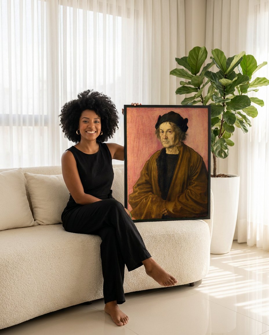 Quadro Decorativo Retrato de Dürer Pai - Albrecht Dürer | modelo apresentando o quadro emoldurado