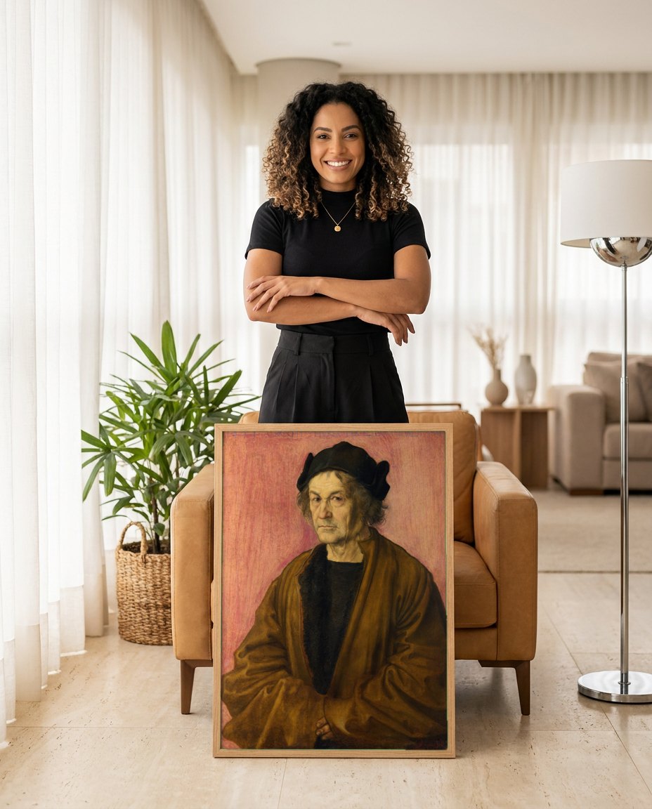 Quadro Decorativo Retrato de Dürer Pai - Albrecht Dürer | modelo apresentando o quadro emoldurado