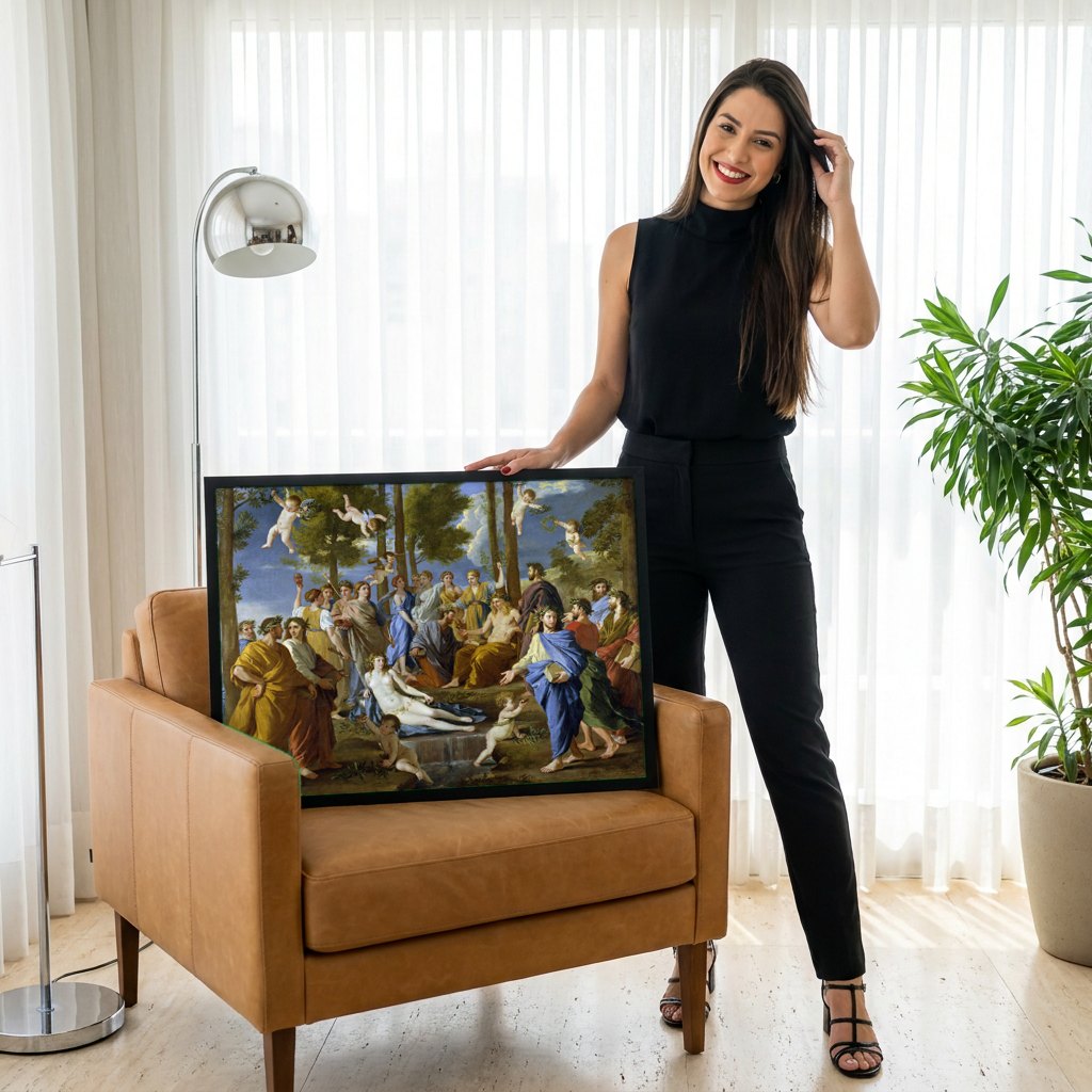 Quadro Decorativo A Inspiração do Poeta - Nicolas Poussin | modelo apresentando o quadro emoldurado