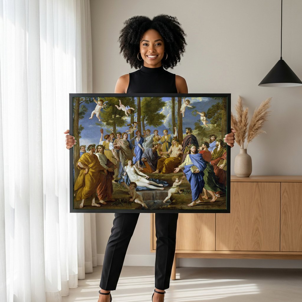Quadro Decorativo A Inspiração do Poeta - Nicolas Poussin | modelo apresentando o quadro emoldurado