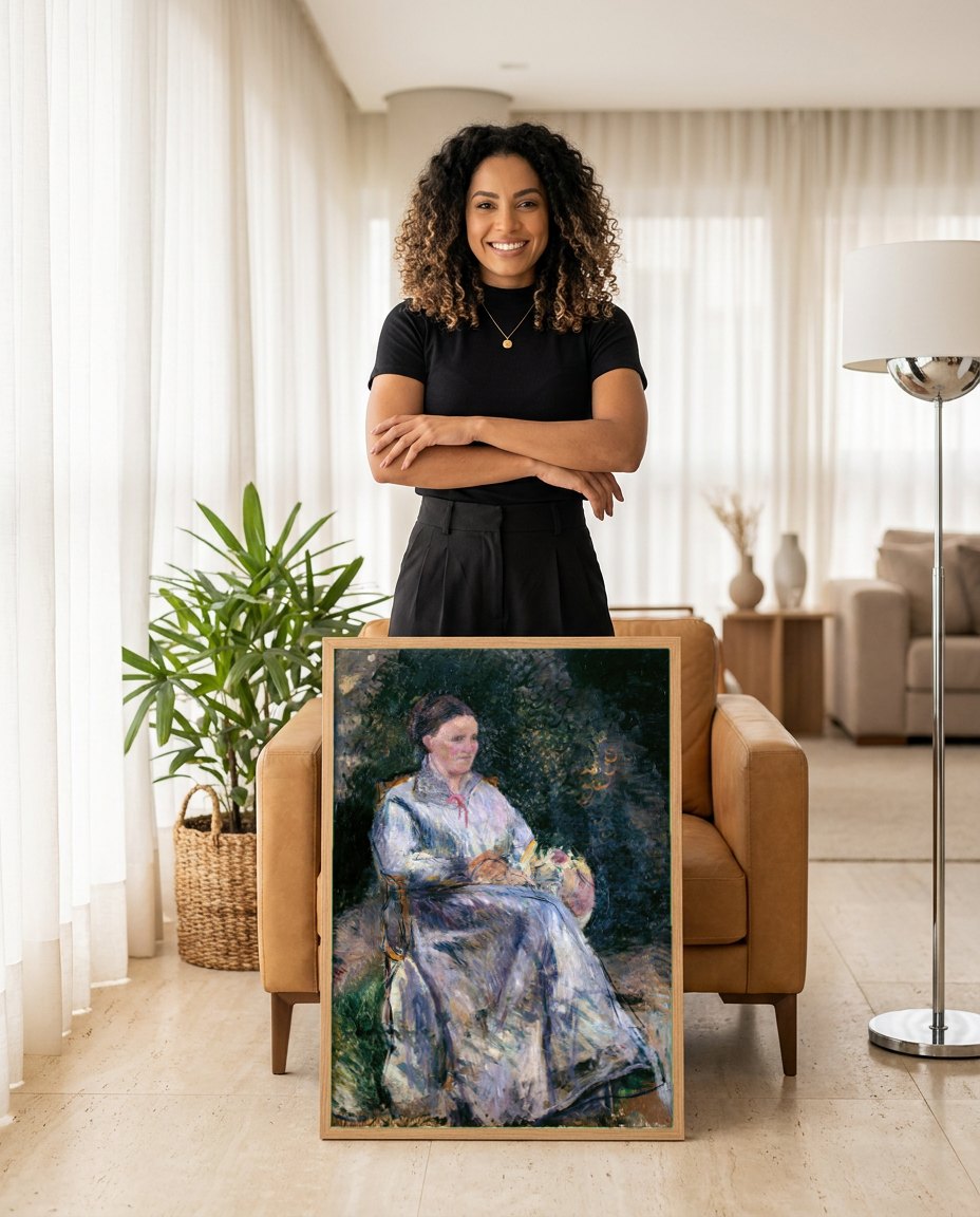 Quadro Decorativo A Camponesa Sentada - Camille Pissarro | modelo apresentando o quadro emoldurado