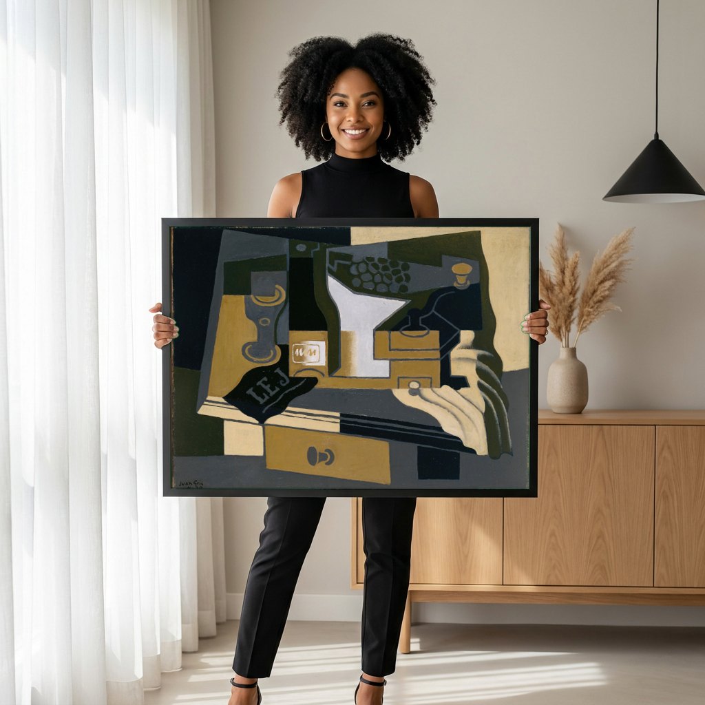 Quadro Decorativo Natureza-Morta Cubista - Juan Gris | modelo apresentando o quadro emoldurado