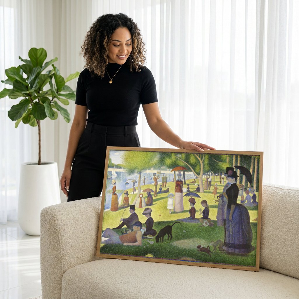 Quadro Decorativo A Tarde de Domingo na Ilha de La Grande Jatte - Seurat | modelo apresentando o quadro emoldurado