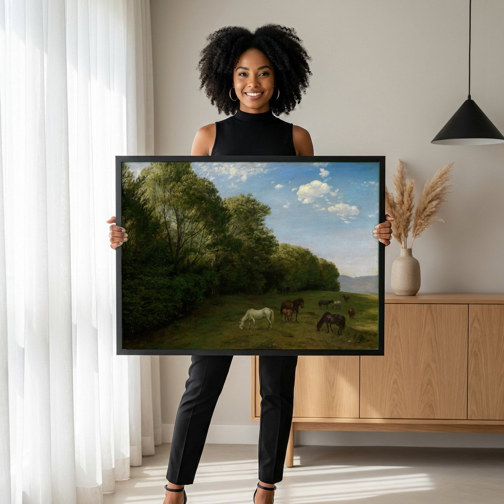 Quadro Decorativo Cavalos em Paisagem - Hans Thoma | modelo apresentando o quadro emoldurado