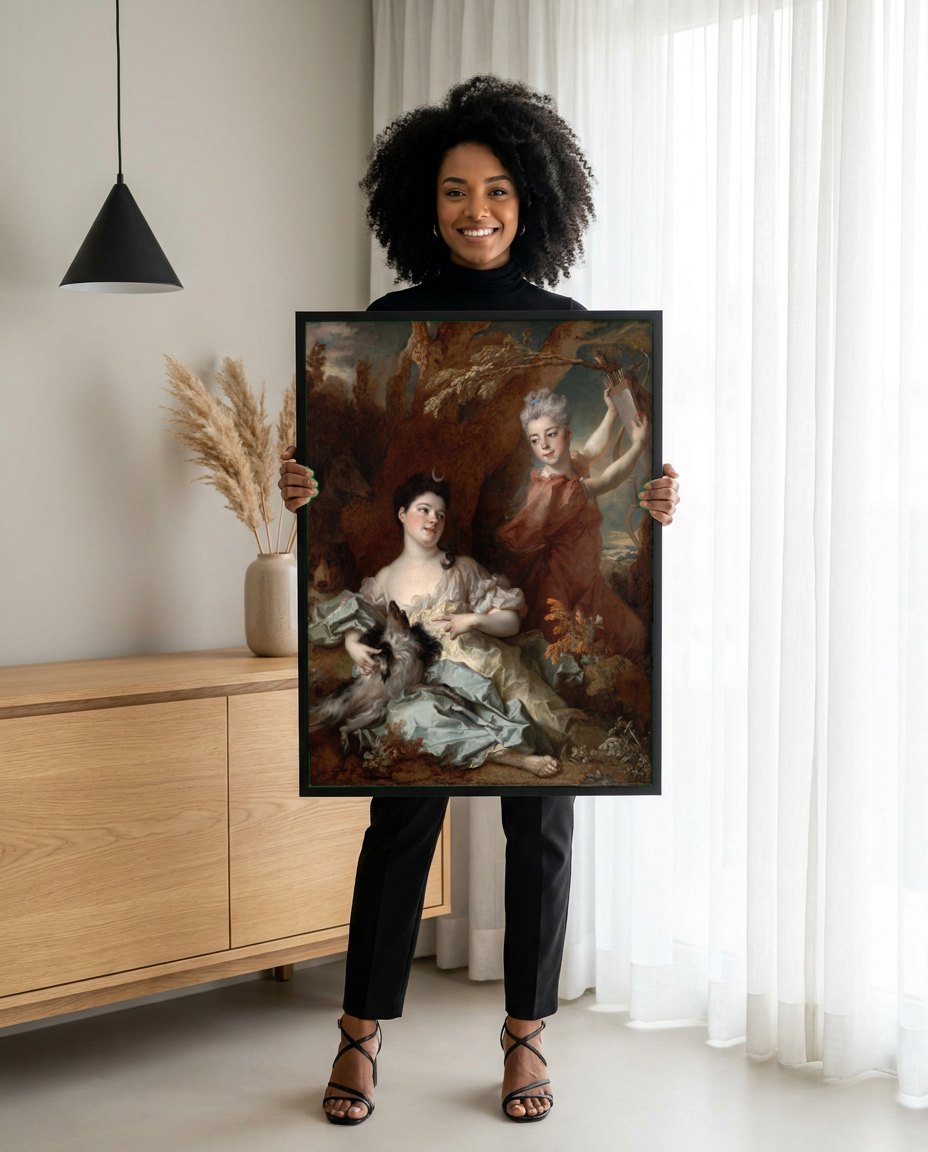 Quadro Decorativo Duas Mulheres como Diana e uma Ninfa - Largillière | modelo apresentando o quadro emoldurado