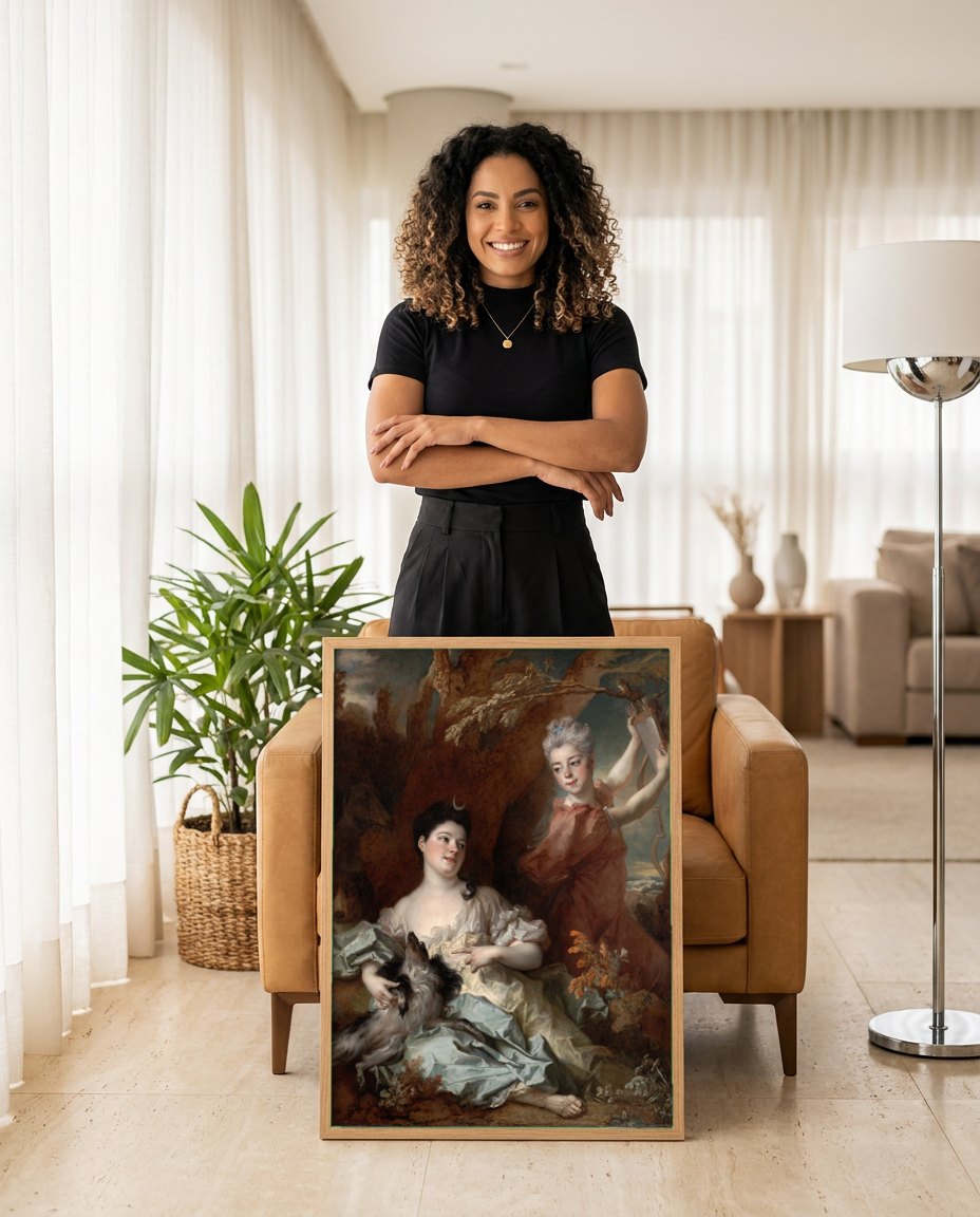 Quadro Decorativo Duas Mulheres como Diana e uma Ninfa - Largillière | modelo apresentando o quadro emoldurado
