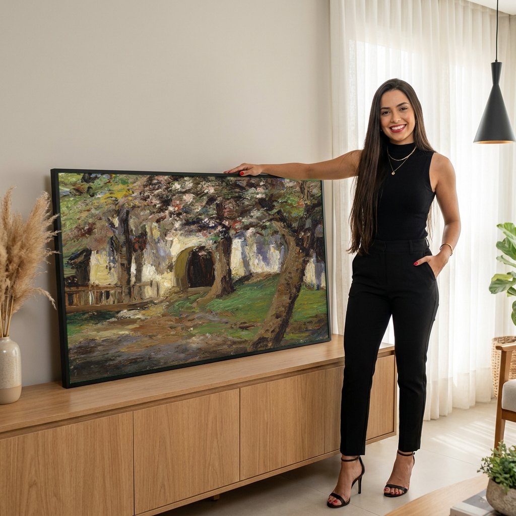 Quadro Decorativo 'A Entrada da Casa' - Olga Wisinger-Florian | modelo apresentando o quadro emoldurado