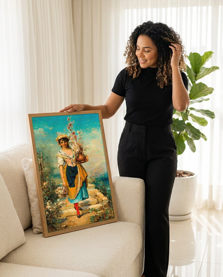 Quadro Decorativo A Florista – Hans Zatzka | modelo apresentando o quadro emoldurado