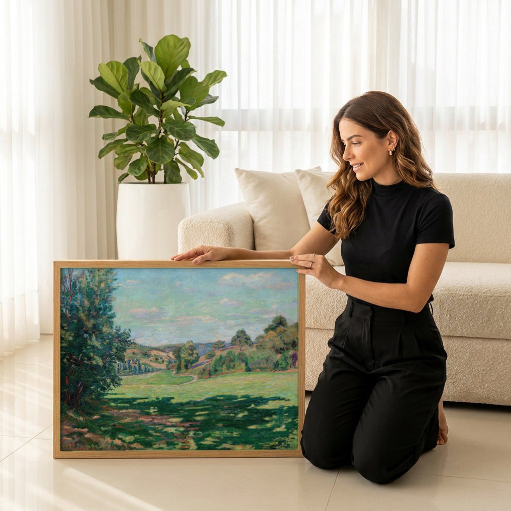 Quadro Decorativo Paisagem com Árvores - Armand Guillaumin | modelo apresentando o quadro emoldurado