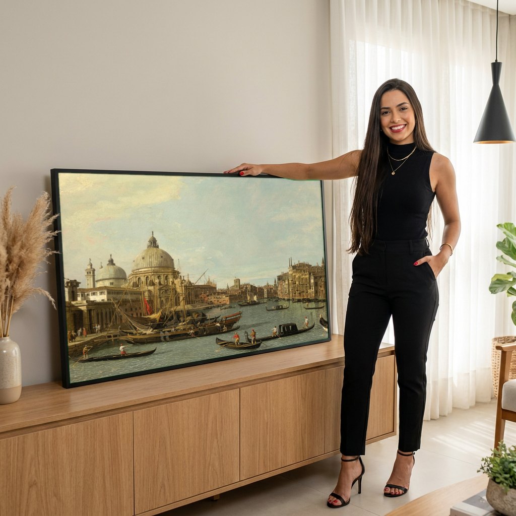 Quadro Decorativo 'Bacino di San Marco' - Canaletto | modelo apresentando o quadro emoldurado