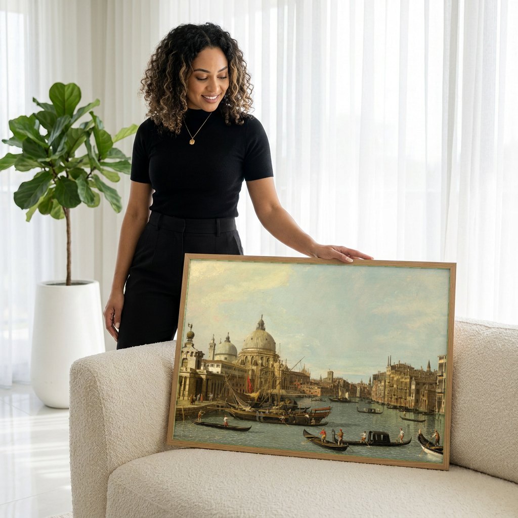 Quadro Decorativo 'Bacino di San Marco' - Canaletto | modelo apresentando o quadro emoldurado