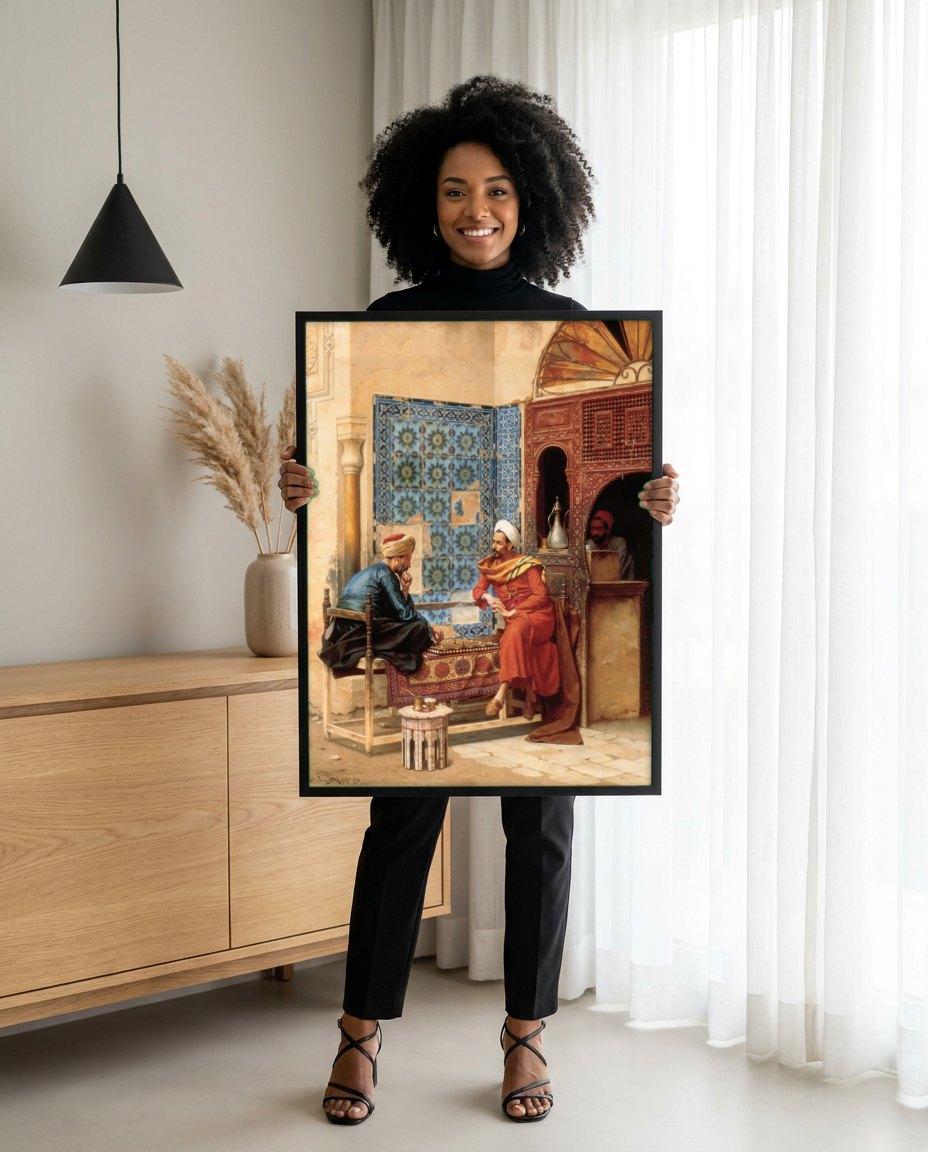 Quadro Decorativo Jogo de Xadrez Oriental - Ludwig Deutsch | modelo apresentando o quadro emoldurado