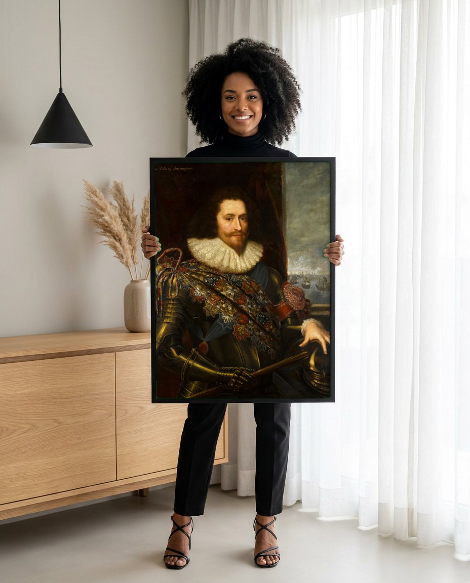 Quadro Decorativo Duque de Buckingham - Daniël Mijtens | modelo apresentando o quadro emoldurado