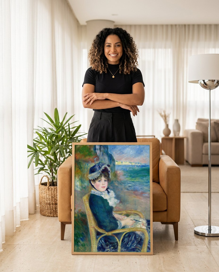 Quadro Decorativo Jovem Mulher na Praia - Renoir | modelo apresentando o quadro emoldurado