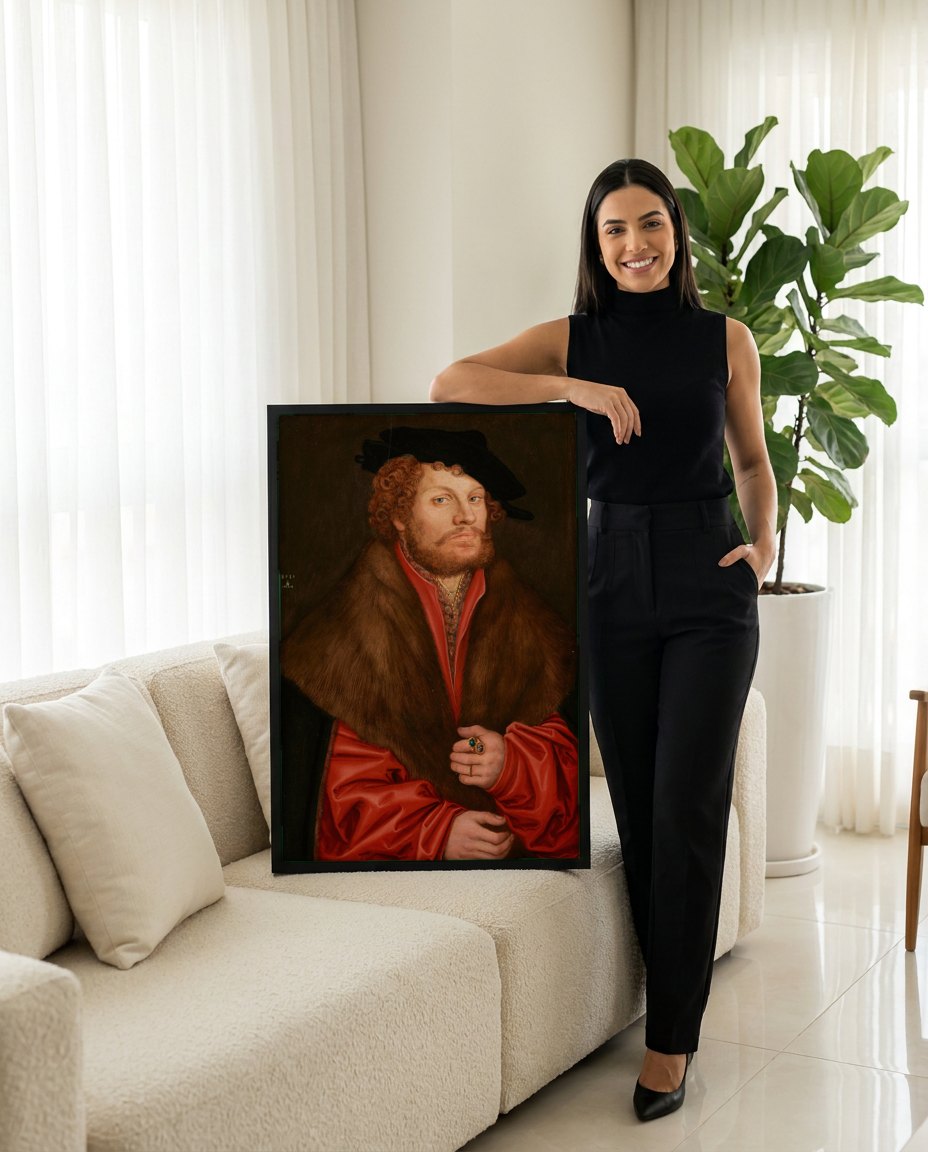 Quadro Decorativo Retrato de Homem - Cranach, o Velho | modelo apresentando o quadro emoldurado