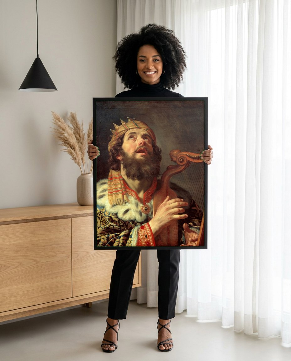 Quadro Decorativo 'Rei Davi Tocando Harpa' - Honthorst | modelo apresentando o quadro emoldurado