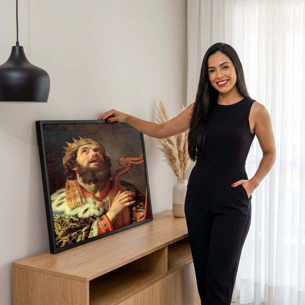 Quadro Decorativo 'Rei Davi Tocando Harpa' - Honthorst | modelo apresentando o quadro emoldurado