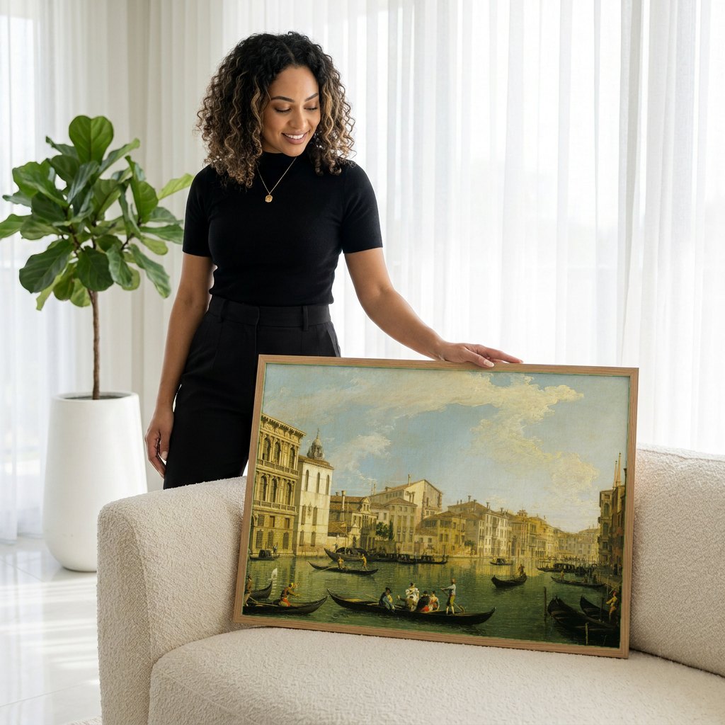 Quadro Decorativo Canal Grande, Veneza - Canaletto | modelo apresentando o quadro emoldurado