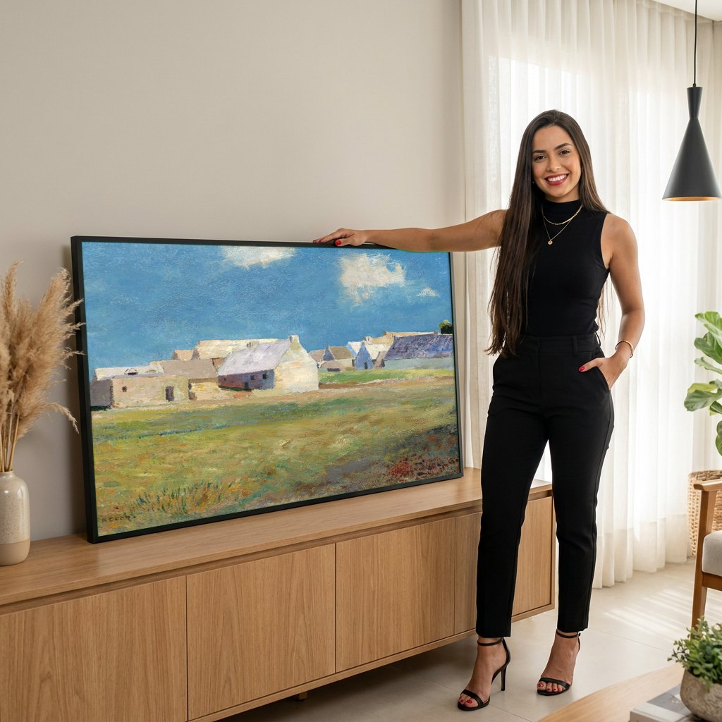 Quadro Decorativo Vilarejo com Casas Brancas - Odilon Redon | modelo apresentando o quadro emoldurado