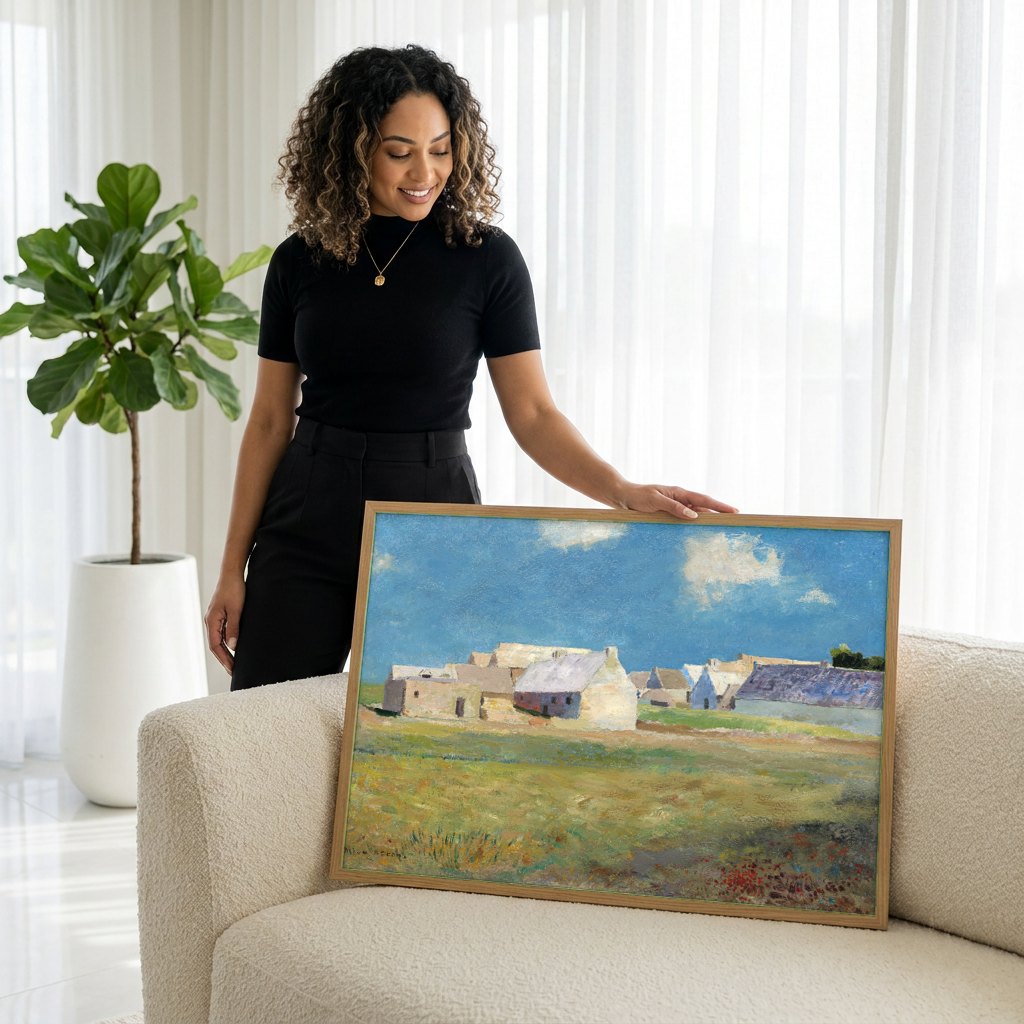 Quadro Decorativo Vilarejo com Casas Brancas - Odilon Redon | modelo apresentando o quadro emoldurado