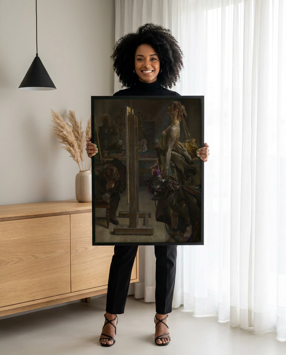 Quadro Decorativo A Arte e a Música (Musa) - Jacek Malczewski | modelo apresentando o quadro emoldurado