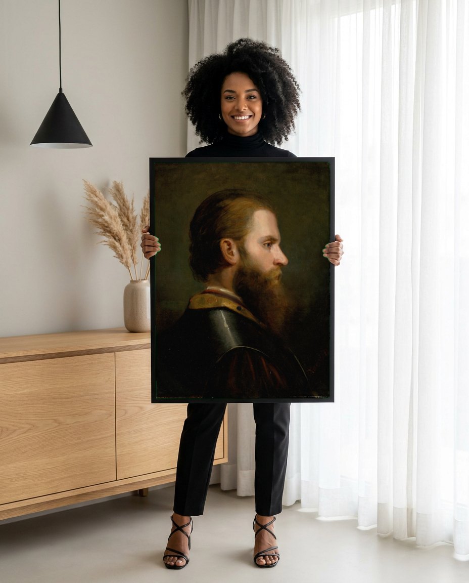 Quadro Decorativo 'Cabeça de Homem com Barba' - Amerling | modelo apresentando o quadro emoldurado