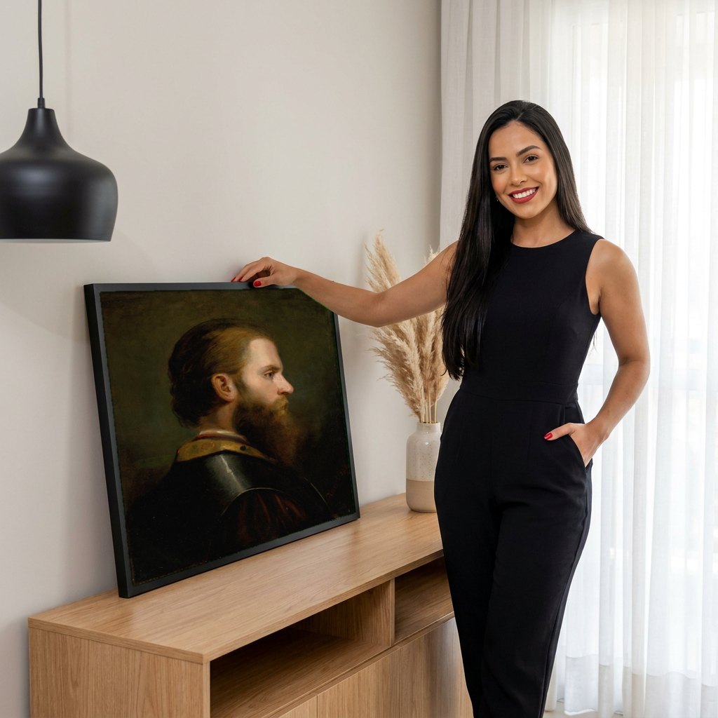 Quadro Decorativo 'Cabeça de Homem com Barba' - Amerling | modelo apresentando o quadro emoldurado