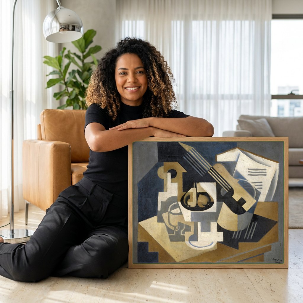 Quadro Decorativo Natureza-morta Cubista - Juan Gris | modelo apresentando o quadro emoldurado