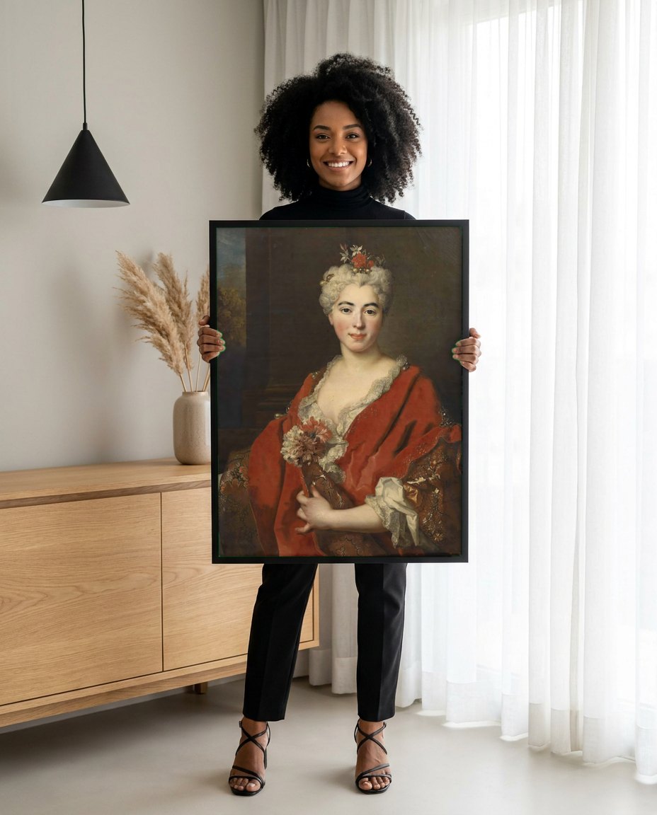 Quadro Decorativo Retrato de Dama - Nicolas de Largillière | modelo apresentando o quadro emoldurado