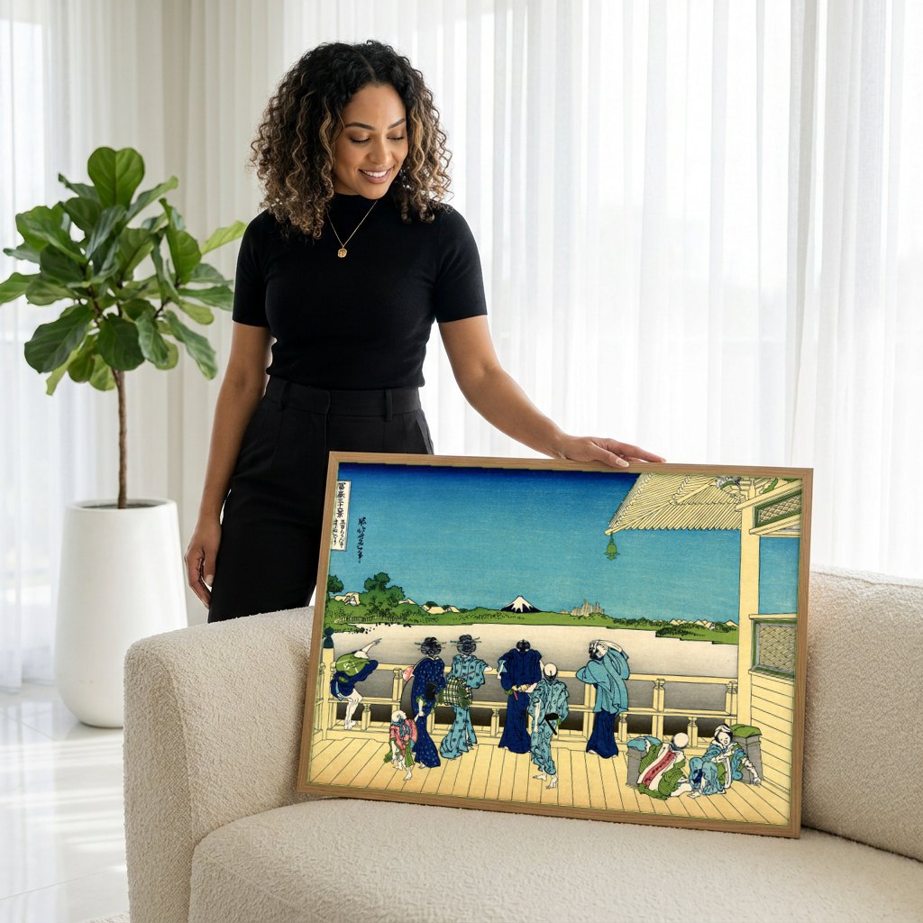 Quadro Decorativo A Ponte Sazanka - Hokusai | modelo apresentando o quadro emoldurado
