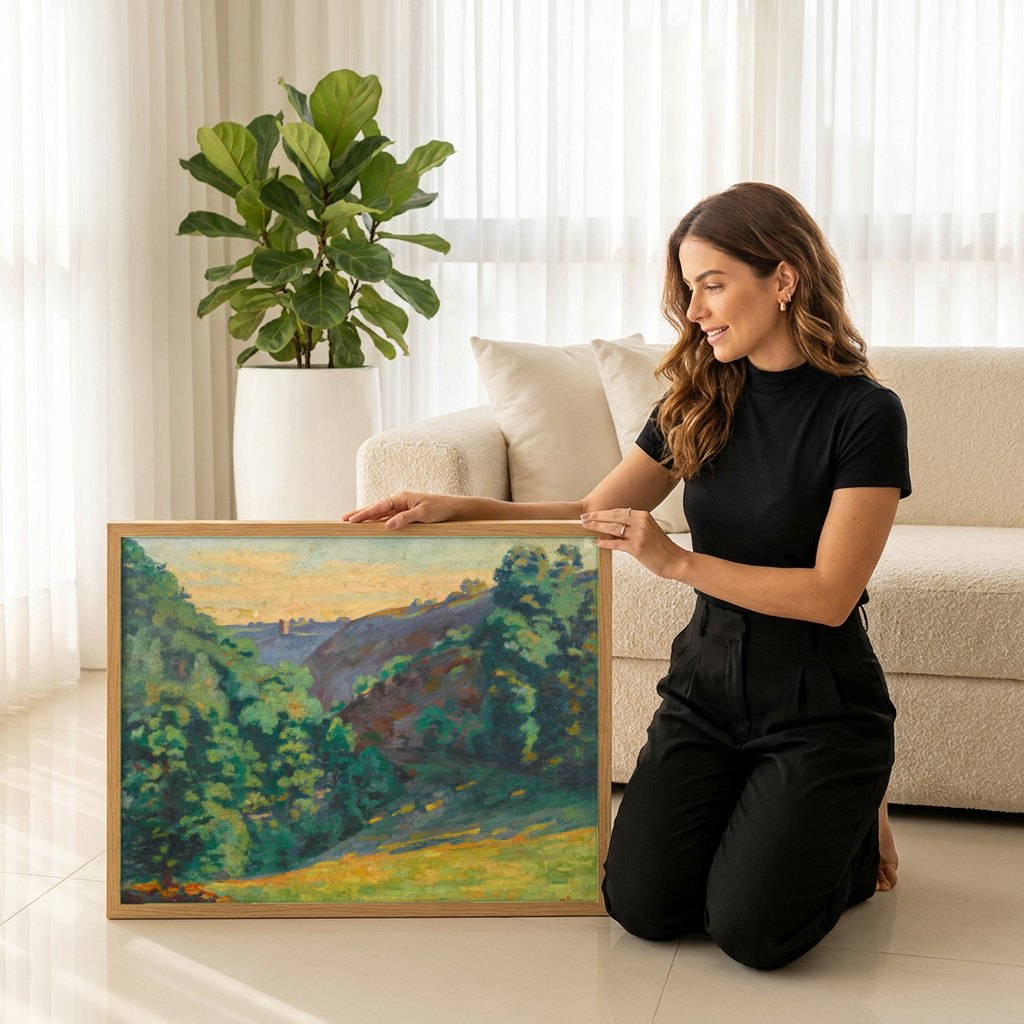 Quadro Decorativo Paisagem com Vale - Armand Guillaumin | modelo apresentando o quadro emoldurado