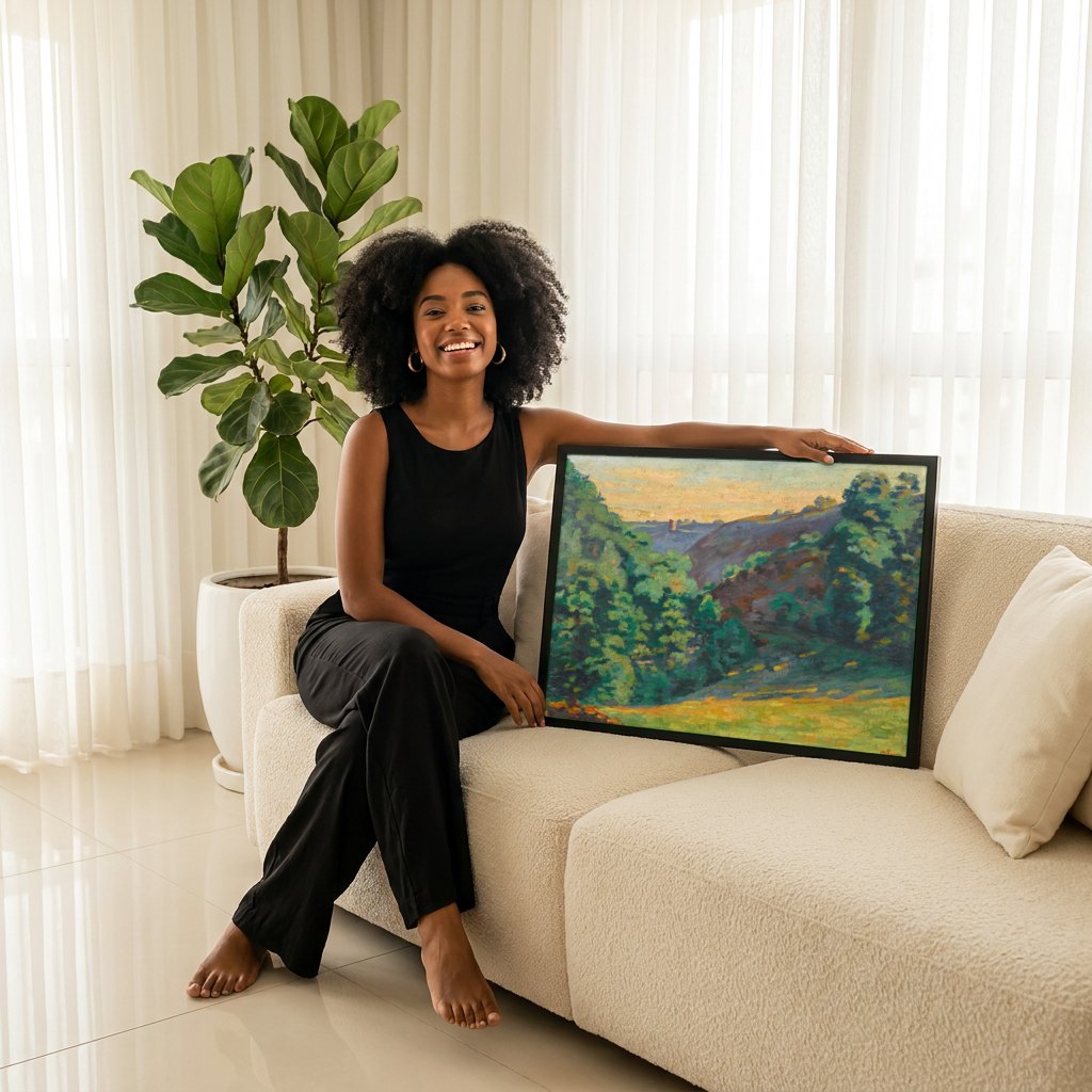 Quadro Decorativo Paisagem com Vale - Armand Guillaumin | modelo apresentando o quadro emoldurado