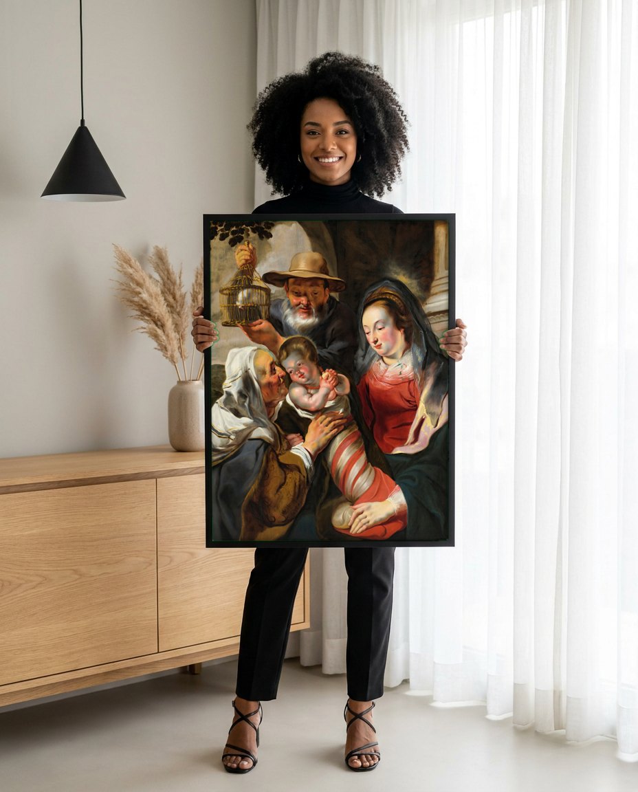 Quadro Decorativo A Sagrada Família (O Nascimento) - Jacob Jordaens | modelo apresentando o quadro emoldurado