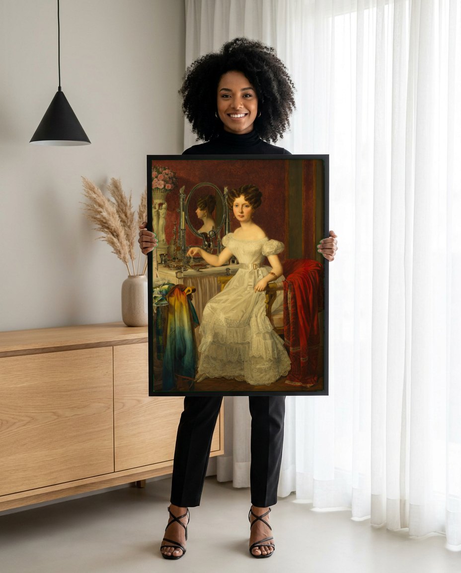 Quadro Decorativo A Jovem Dama na Penteadeira - Waldmüller | modelo apresentando o quadro emoldurado