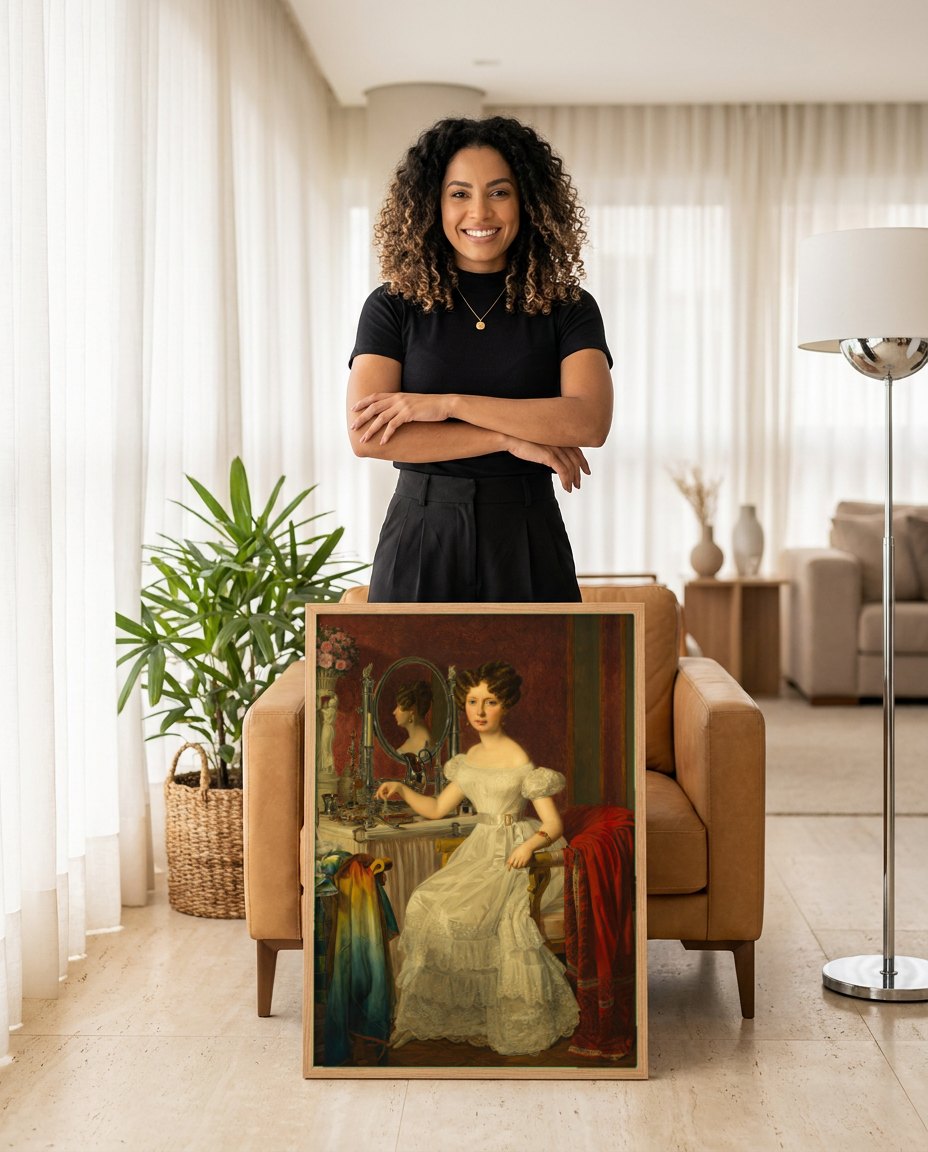 Quadro Decorativo A Jovem Dama na Penteadeira - Waldmüller | modelo apresentando o quadro emoldurado