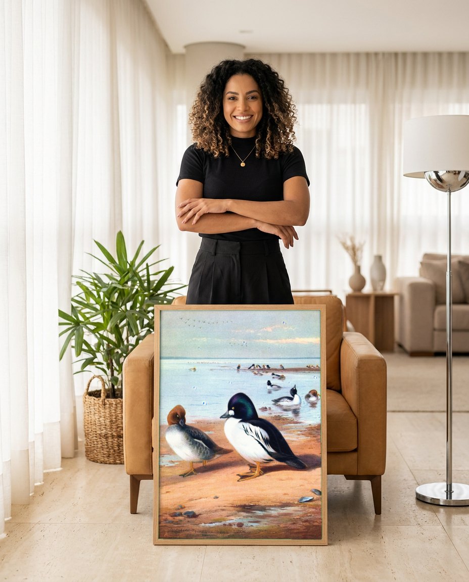 Quadro Decorativo Patos Dourados - Archibald Thorburn | modelo apresentando o quadro emoldurado