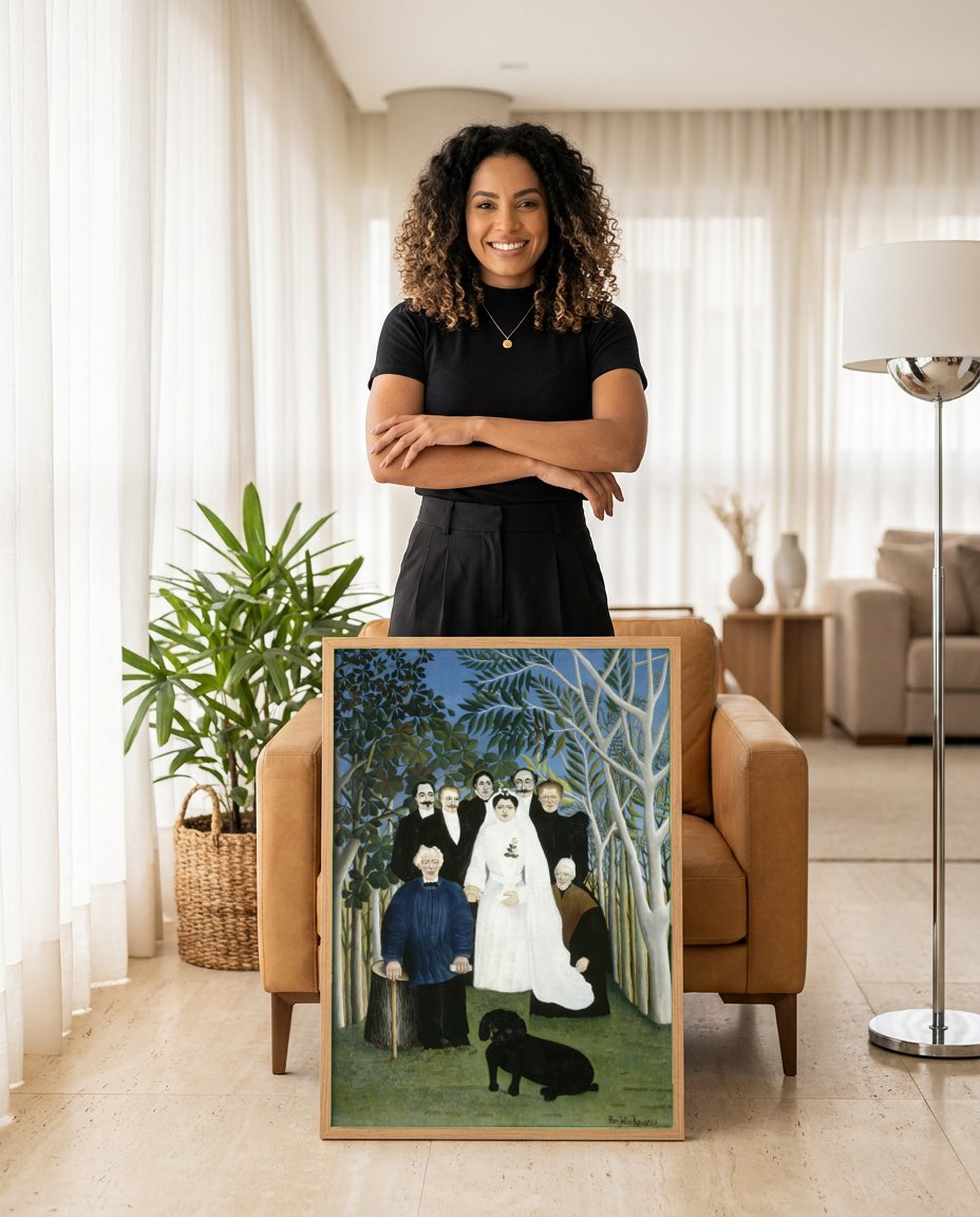 Quadro Decorativo A Noiva e Seus Convidados - Henri Rousseau | modelo apresentando o quadro emoldurado