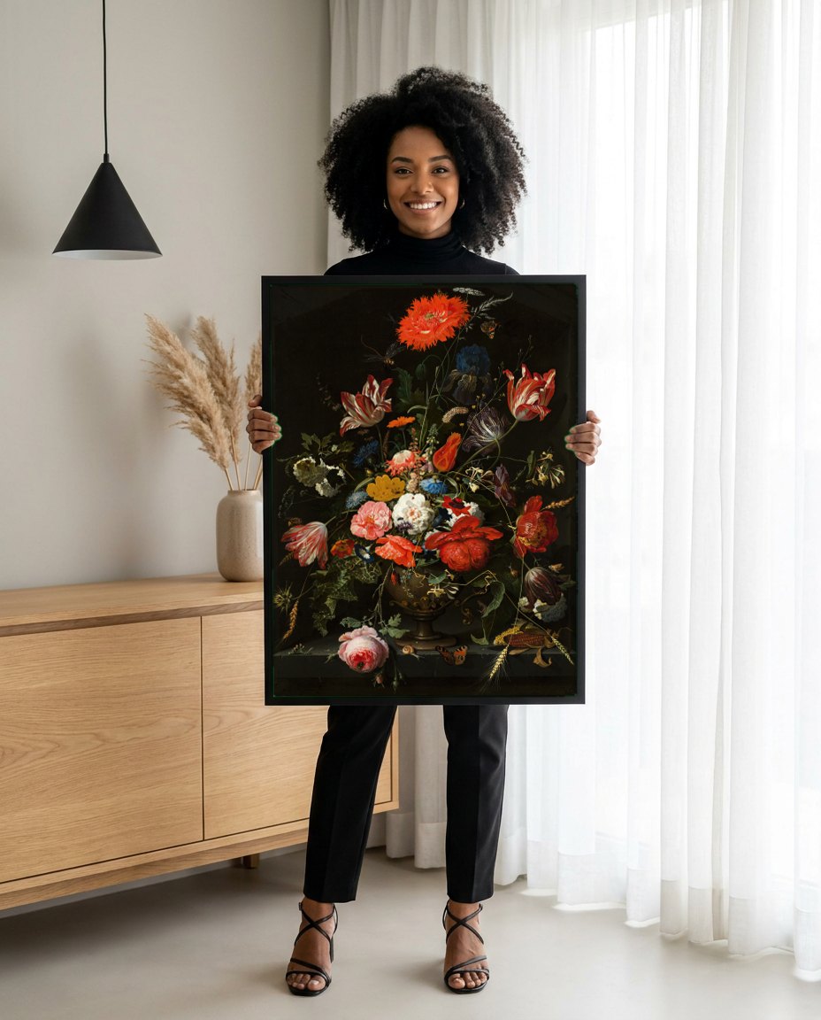 Quadro Decorativo Cesto de Flores - Abraham Mignon | modelo apresentando o quadro emoldurado