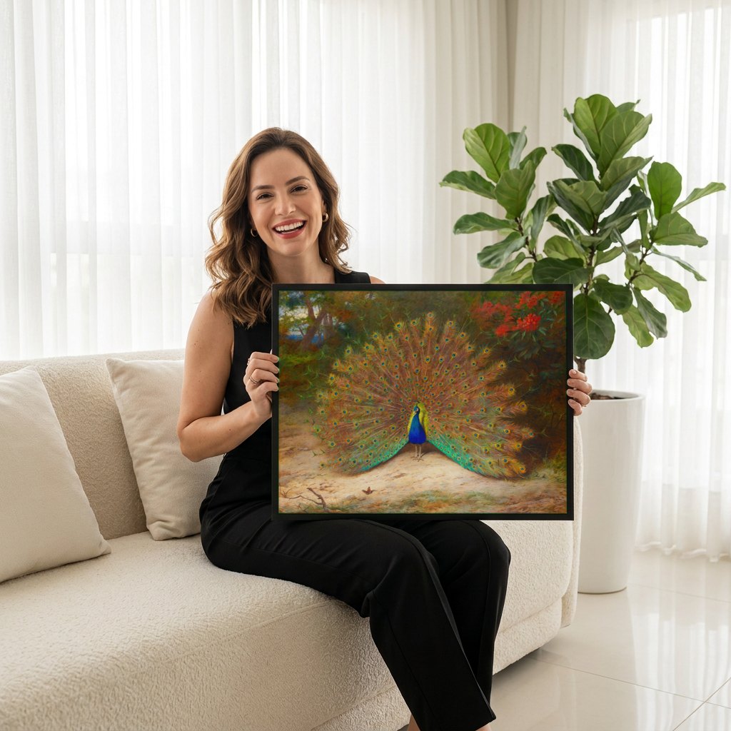 Quadro Decorativo Pavão Exibindo a Cauda - Archibald Thorburn | modelo apresentando o quadro emoldurado