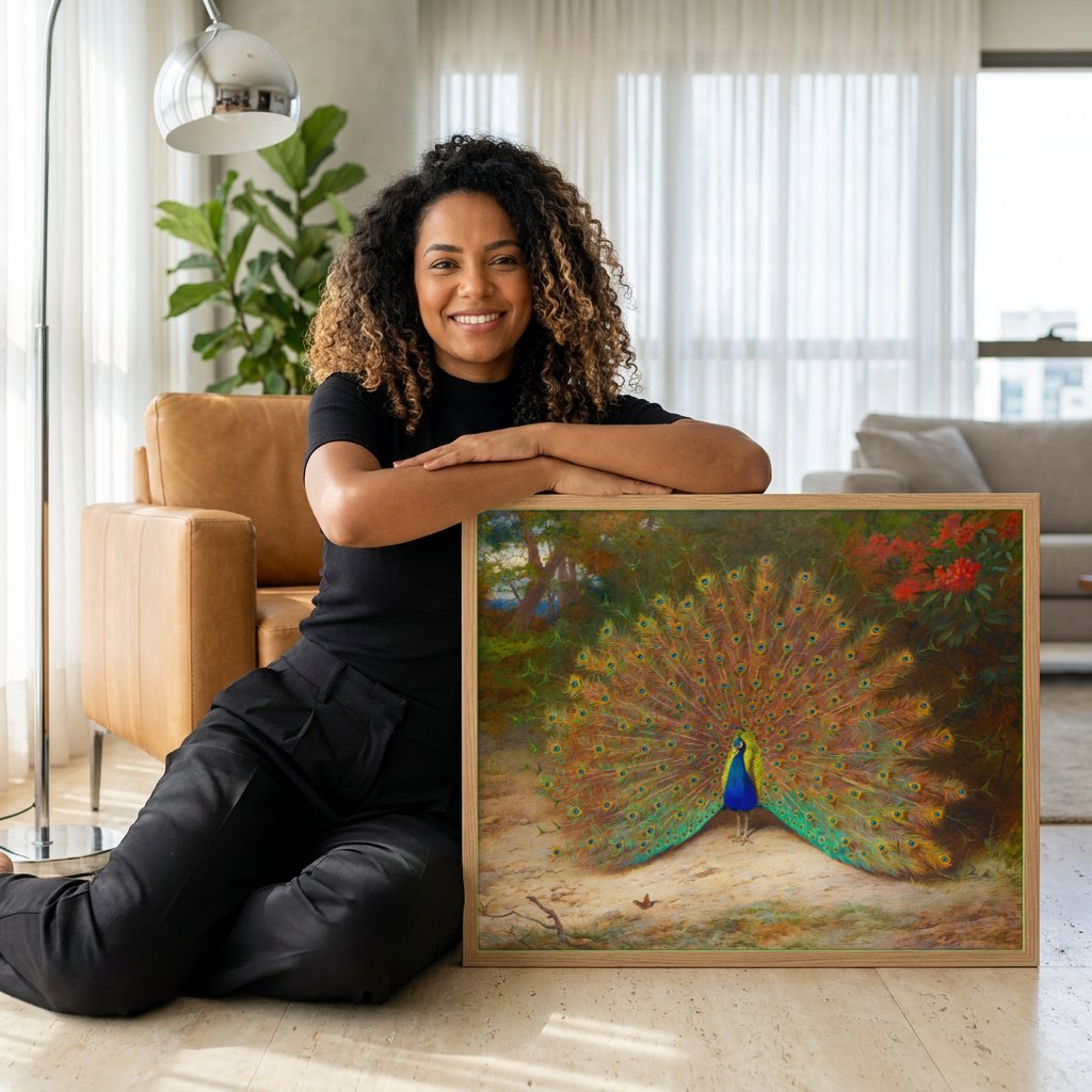 Quadro Decorativo Pavão Exibindo a Cauda - Archibald Thorburn | modelo apresentando o quadro emoldurado